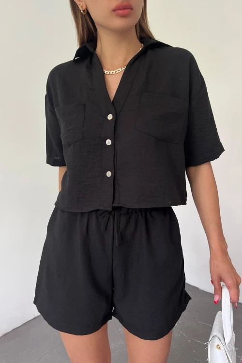 Siyah Çift Cepli Gömlek Ve Şortlu Keten İkili Takım BCDF-238801