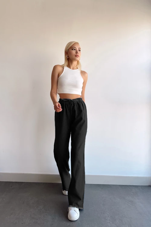 Siyah Paçası Püsküllü Palazzo Pantolon BCDF-231101