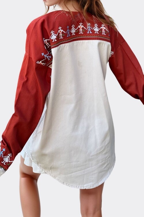 Bej Nakışlı Renk Bloklu Oversize Gabardin Ceket