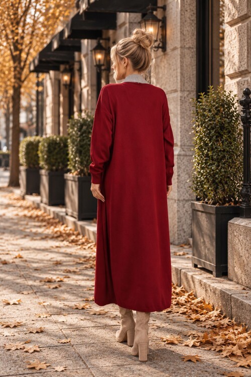 Bordo Bisiklet Yaka Elbise Ve Hırka Tesettür Alt Üst Takım