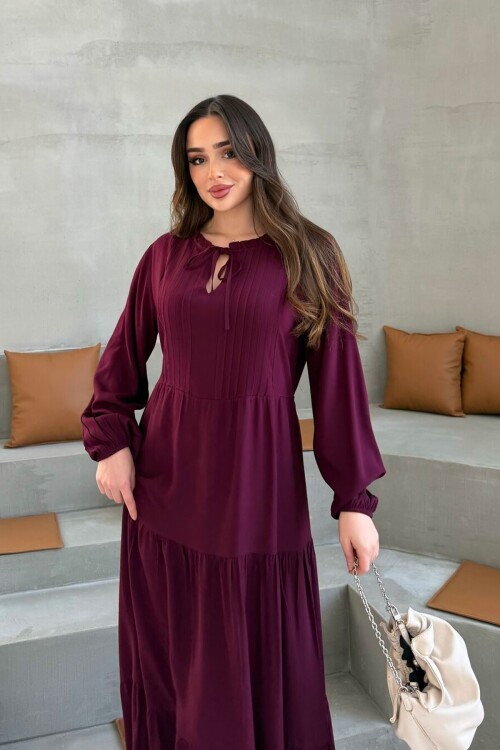 Bordo Kat Kat Volanlı Nervürlü Tesettür Elbise