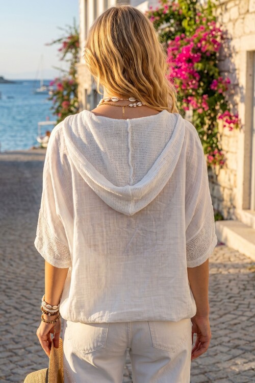 Ekru Yıkamalı Keten Fileli Bağlamalı Kapüşonlu Bluz