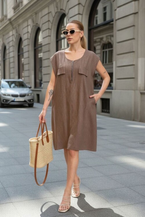 Kahvrerengi Fermuarlı Cepli Tensel Kumaş Dokuma Elbise