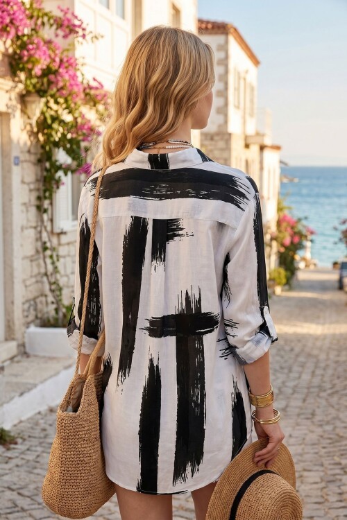 Siyah Beyaz Abstract Desenli Vual %100 Pamuk Oversize Gömlek