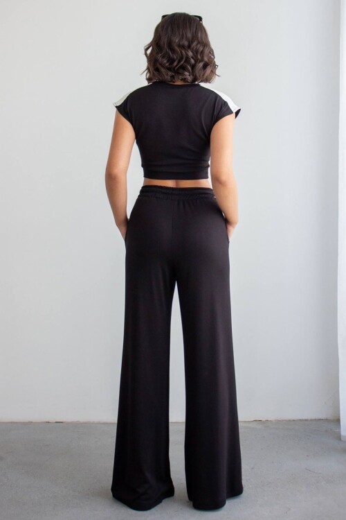 Siyah Çizgili Modal Kumaş Crop Alt Üst Takım