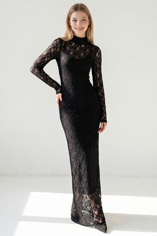 Siyah İçi Astarlı Maxi Boy Dantel Elbise