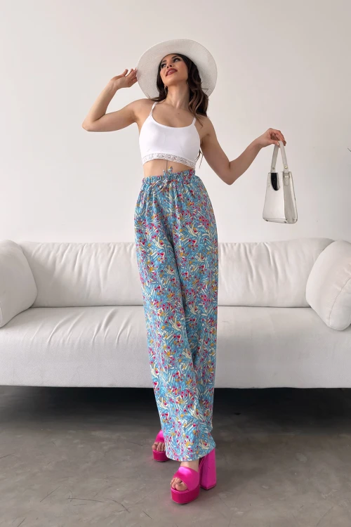 Açık Mavi Desenli Beli Lastikli Bürümcük Pantolon  BCDF-241104