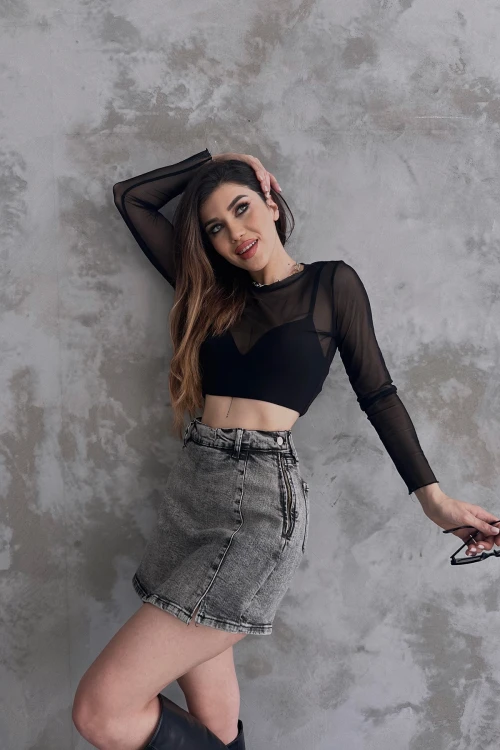 Antrasit Yırtmaç Detaylı Denim Şort Etek BCDF-243309