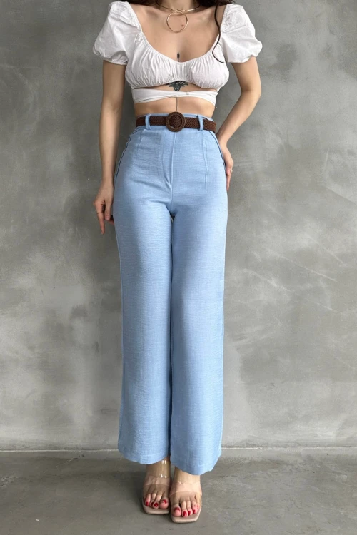 Bebe Mavi Beli Kemerli Keten Pantolon BCDF-241103