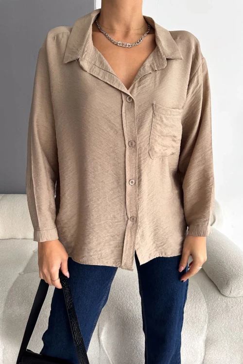 Bej Aerobin Dokuma Tek Cepli Oversize Gömlek BC241156