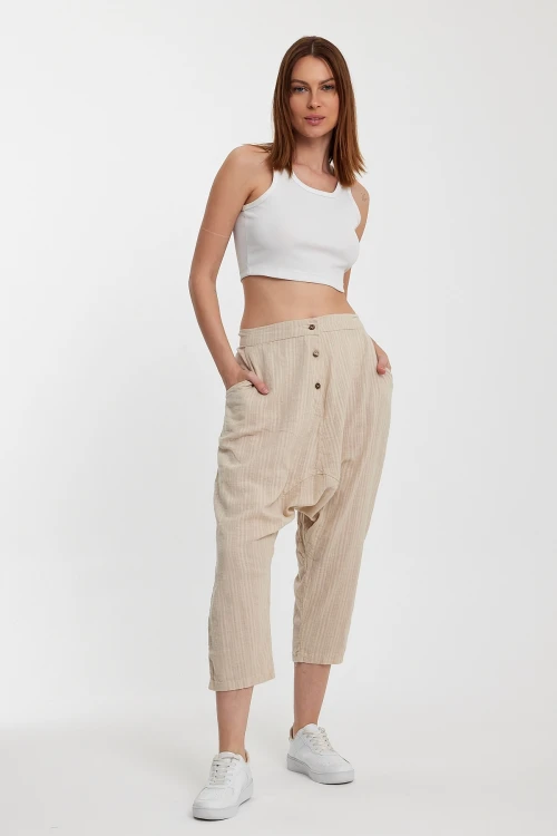 Maxi Boy Bej Çift Cepli Düğme Detaylı Düşük Ağ Şalvar Pantolon BCVL-245326