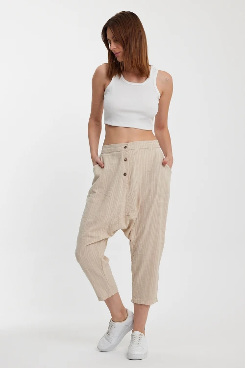 Maxi Boy Bej Çift Cepli Düğme Detaylı Düşük Ağ Şalvar Pantolon BCVL-245326