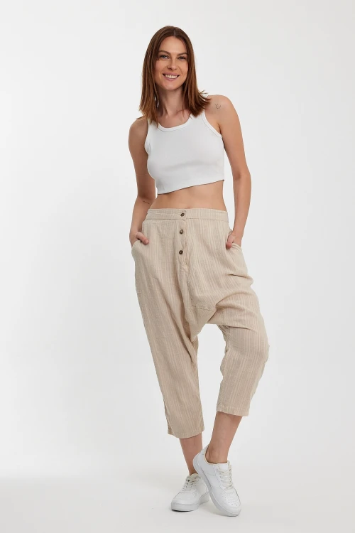 Maxi Boy Bej Çift Cepli Düğme Detaylı Düşük Ağ Şalvar Pantolon BCVL-245326