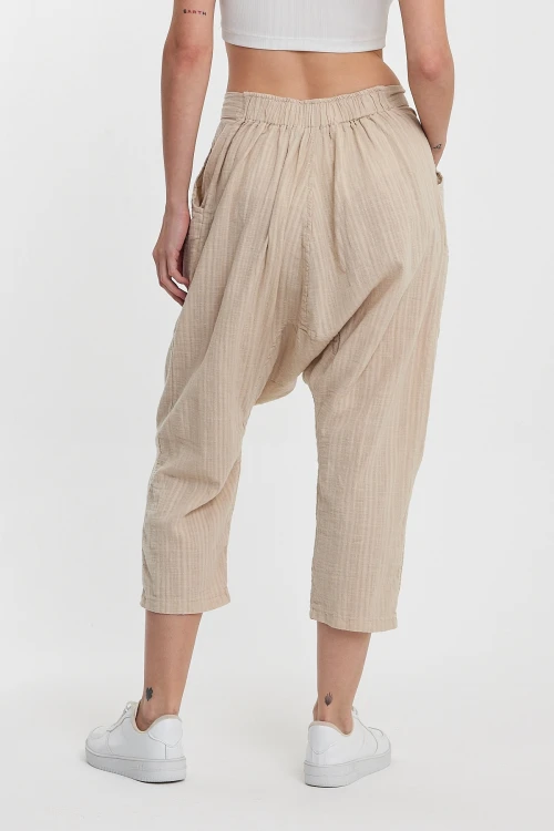 Maxi Boy Bej Çift Cepli Düğme Detaylı Düşük Ağ Şalvar Pantolon BCVL-245326