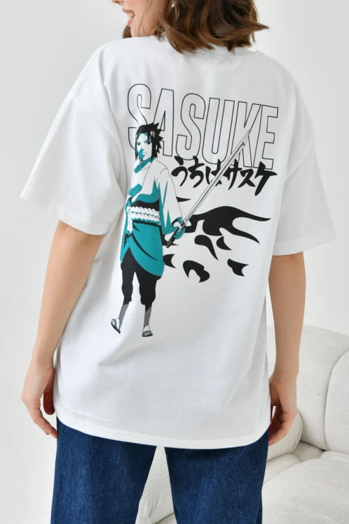 Beyaz Bisiklet Yaka İki İplik Sırtı Baskılı Oversize T-Shirt BC241126