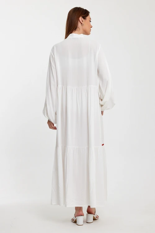 Maxi Boy Beyaz Nakış İşlemeli Uzun Boy Dokuma Elbise BCVL-241005