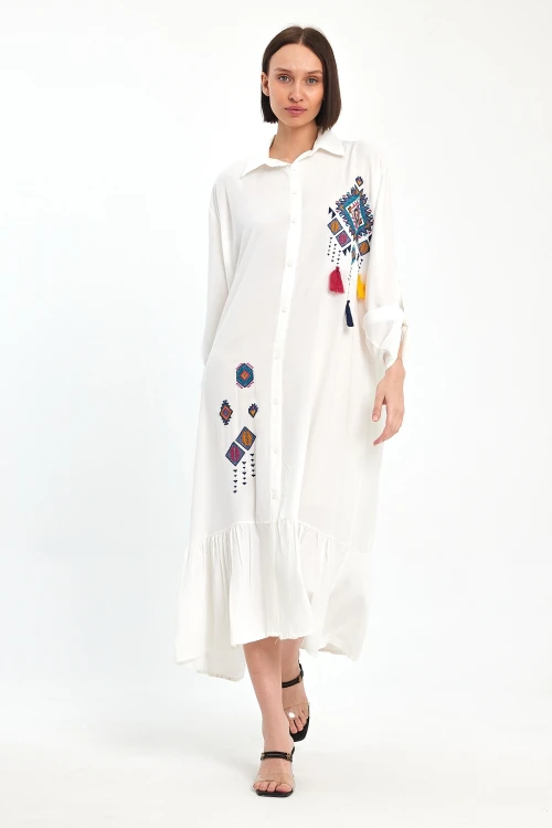 Maxi Boy Beyaz Nakış İşlemeli Uzun Boy Dokuma Elbise BCVL-241022