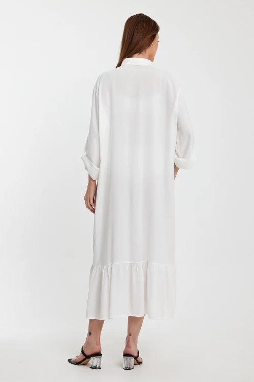 Maxi Boy Beyaz Nakış İşlemeli Uzun Boy Dokuma Gömlek Elbise BCVL-24954