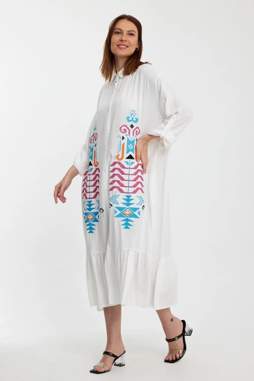 Maxi Boy Beyaz Nakış İşlemeli Uzun Boy Dokuma Gömlek Elbise BCVL-24954