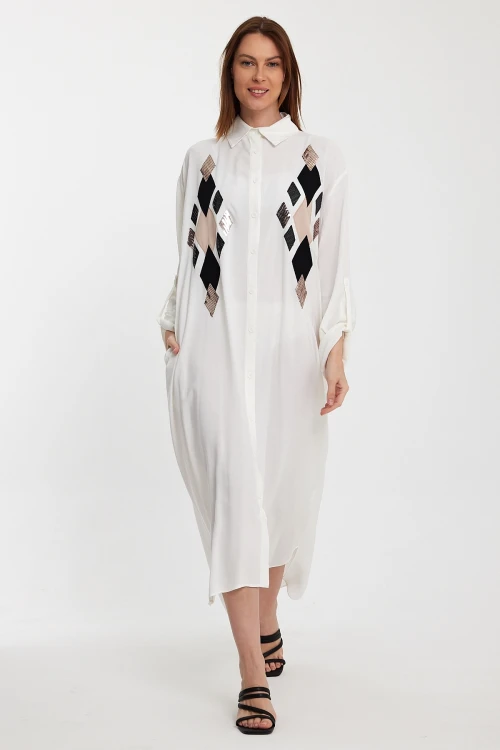 Maxi Boy Beyaz Payet İşlemeli Uzun Boy Dokuma Gömlek Elbise BCVL-24943