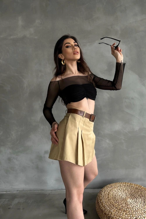 Camel Kendinden Kemerli Pileli Şortlu Etek