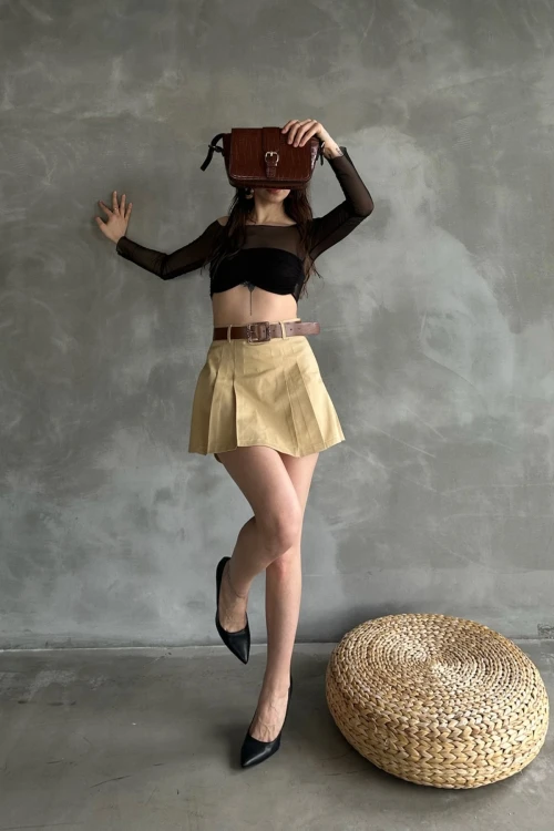 Camel Kendinden Kemerli Pileli Şortlu Etek