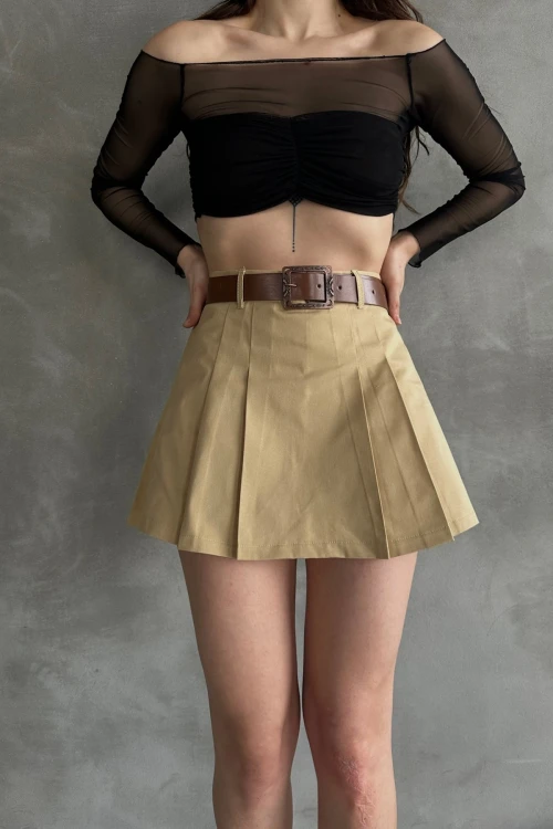 Camel Kendinden Kemerli Pileli Şortlu Etek