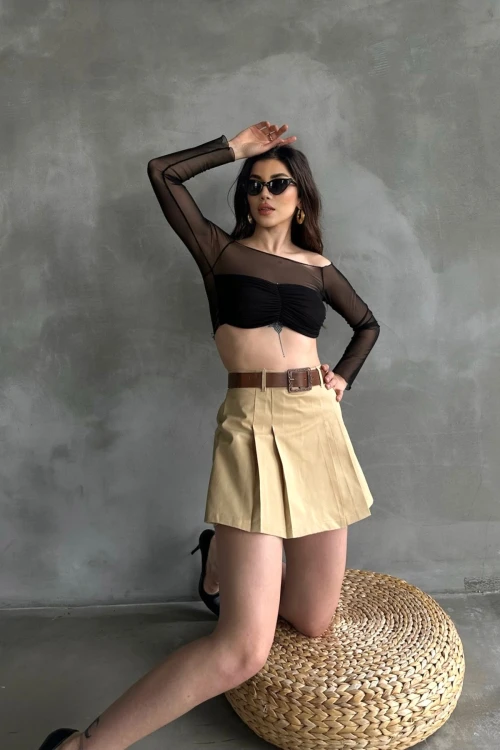 Camel Kendinden Kemerli Pileli Şortlu Etek