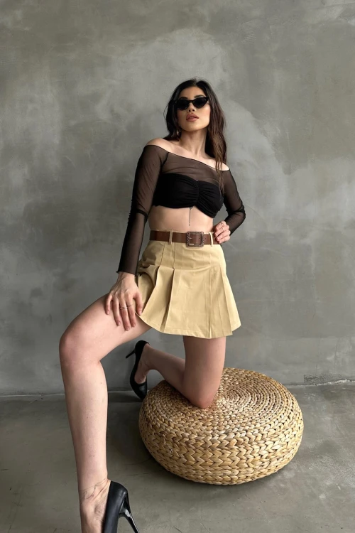 Camel Kendinden Kemerli Pileli Şortlu Etek