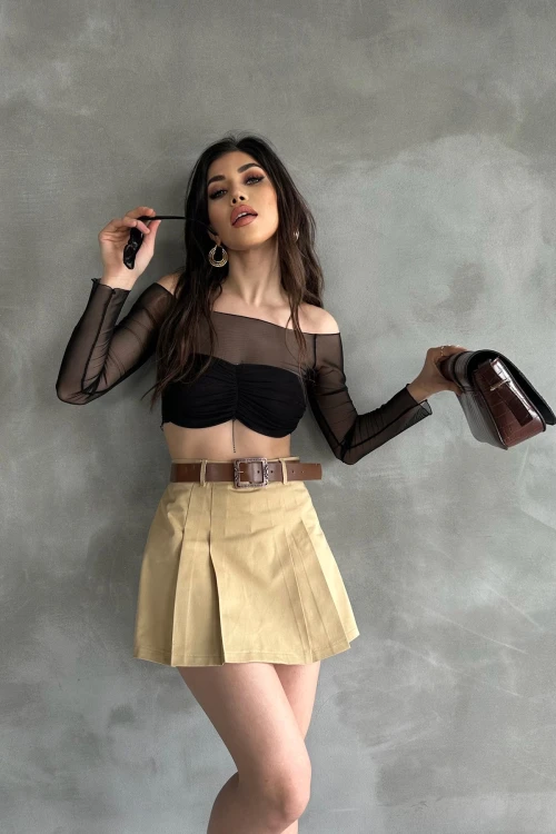 Camel Kendinden Kemerli Pileli Şortlu Etek