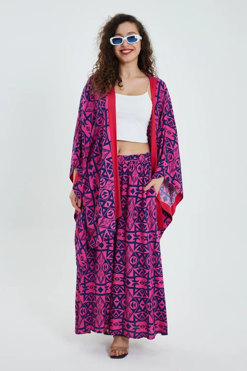 Maxi Boy Fuşya Desenli Alt Üst Kimono Pantolon Takım BCVL-24951