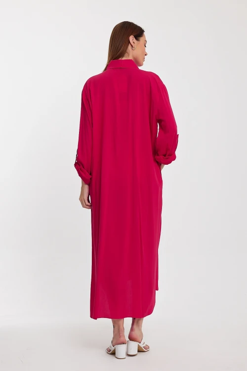 Fuşya Payet İşlemeli Uzun Boy Dokuma Gömlek Elbise