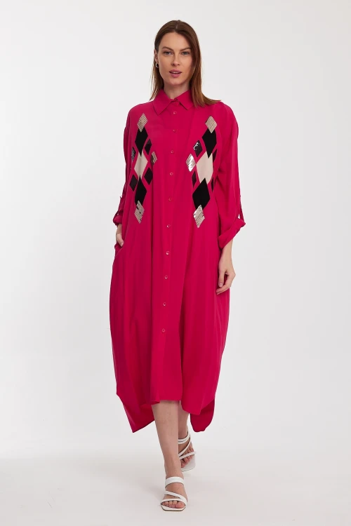 Fuşya Payet İşlemeli Uzun Boy Dokuma Gömlek Elbise