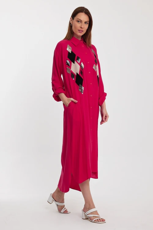 Fuşya Payet İşlemeli Uzun Boy Dokuma Gömlek Elbise