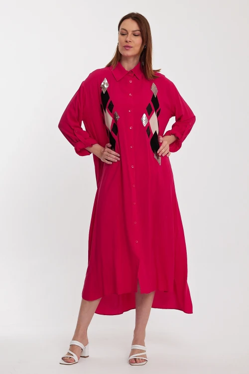 Fuşya Payet İşlemeli Uzun Boy Dokuma Gömlek Elbise