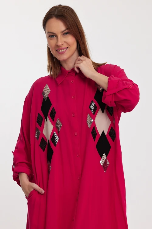 Fuşya Payet İşlemeli Uzun Boy Dokuma Gömlek Elbise