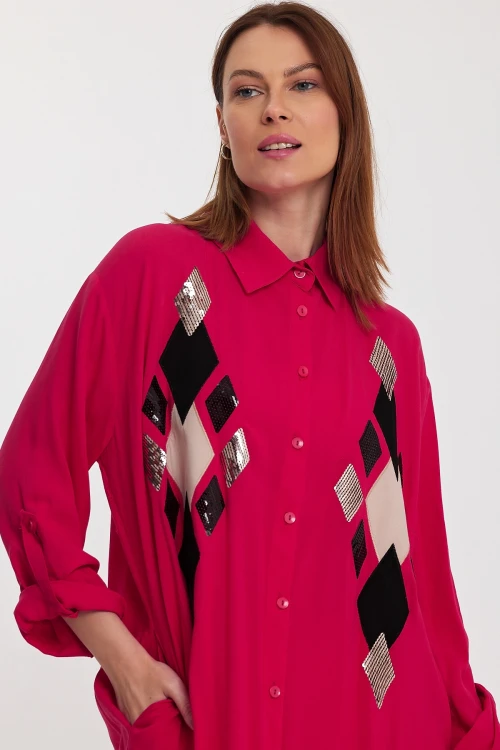 Fuşya Payet İşlemeli Uzun Boy Dokuma Gömlek Elbise