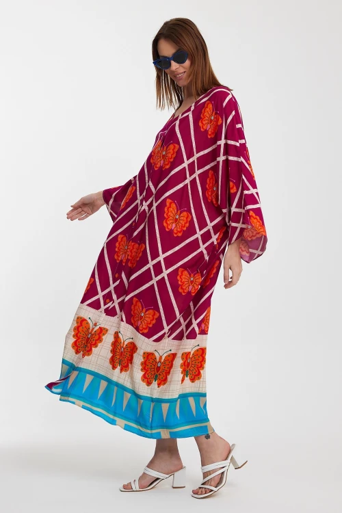 Fuşya V Yaka Çiçek Desenli Uzun Boy Dokuma Gömlek Elbise