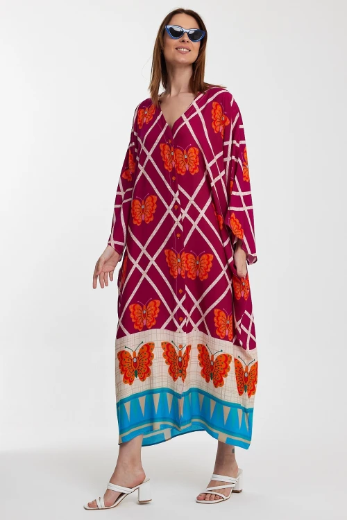 Fuşya V Yaka Çiçek Desenli Uzun Boy Dokuma Gömlek Elbise