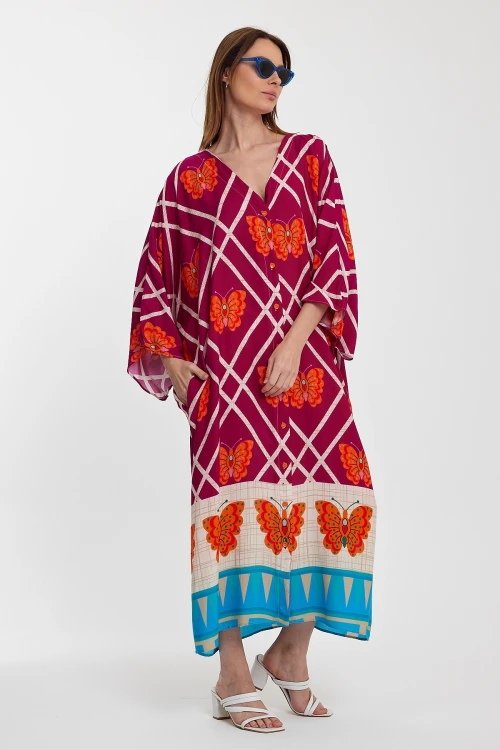 Fuşya V Yaka Çiçek Desenli Uzun Boy Dokuma Gömlek Elbise