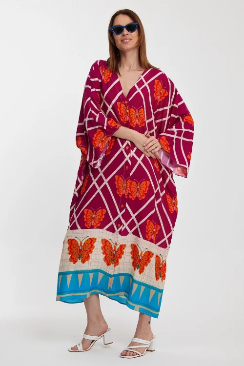 Fuşya V Yaka Çiçek Desenli Uzun Boy Dokuma Gömlek Elbise