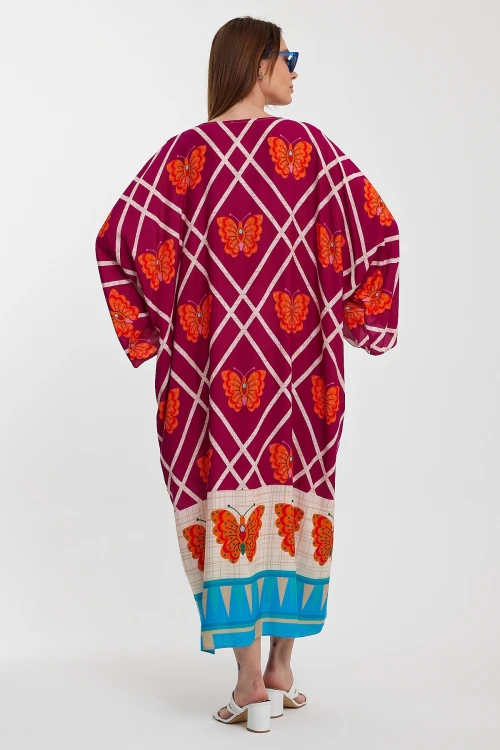 Fuşya V Yaka Çiçek Desenli Uzun Boy Dokuma Gömlek Elbise