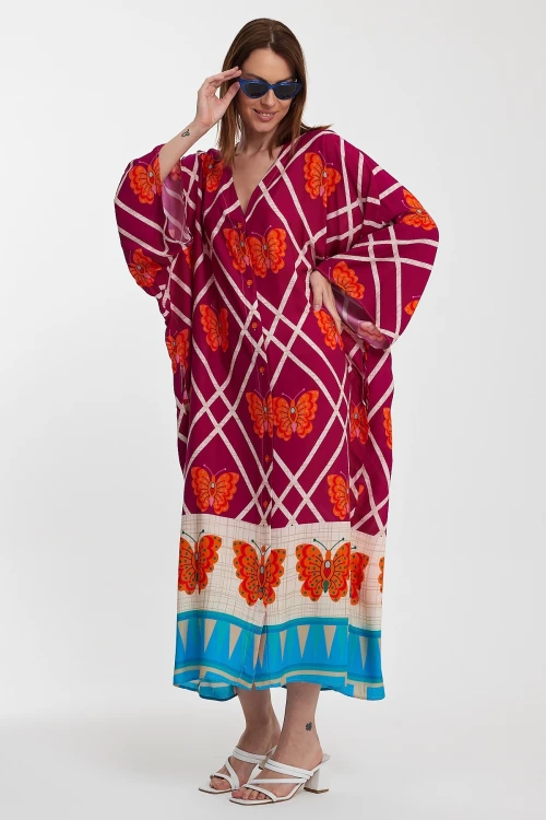 Fuşya V Yaka Çiçek Desenli Uzun Boy Dokuma Gömlek Elbise