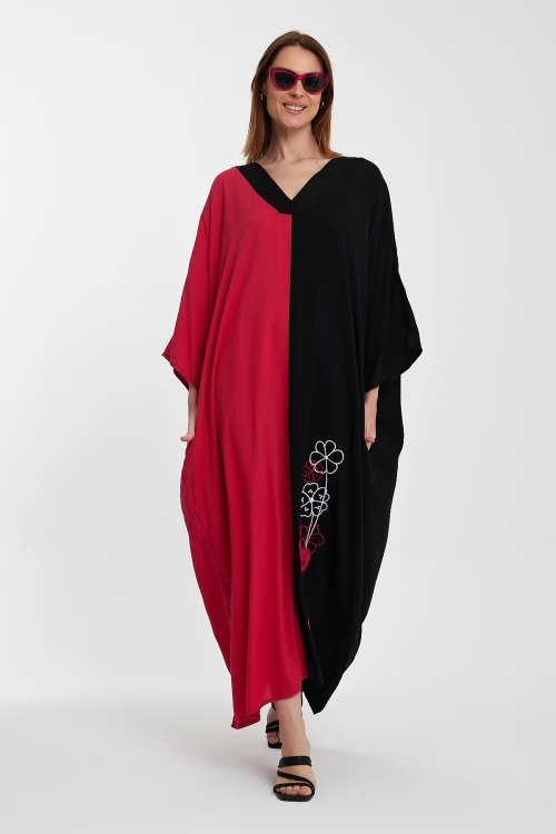 Maxi Boy Fuşya V Yaka Nakış İşlemeli Renk Bloklu Uzun Boy Gömlek Elbise BCVL-24958