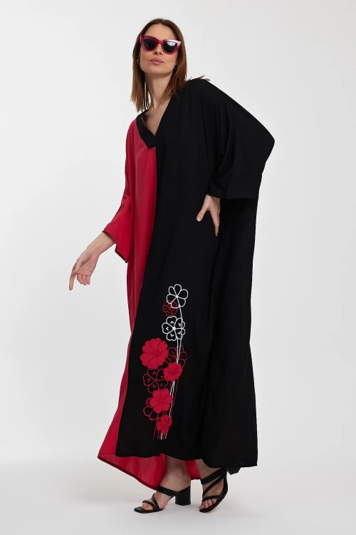 Maxi Boy Fuşya V Yaka Nakış İşlemeli Renk Bloklu Uzun Boy Gömlek Elbise BCVL-24958