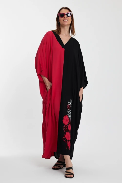 Maxi Boy Fuşya V Yaka Nakış İşlemeli Renk Bloklu Uzun Boy Gömlek Elbise BCVL-24958