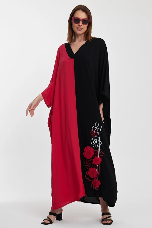 Maxi Boy Fuşya V Yaka Nakış İşlemeli Renk Bloklu Uzun Boy Gömlek Elbise BCVL-24958