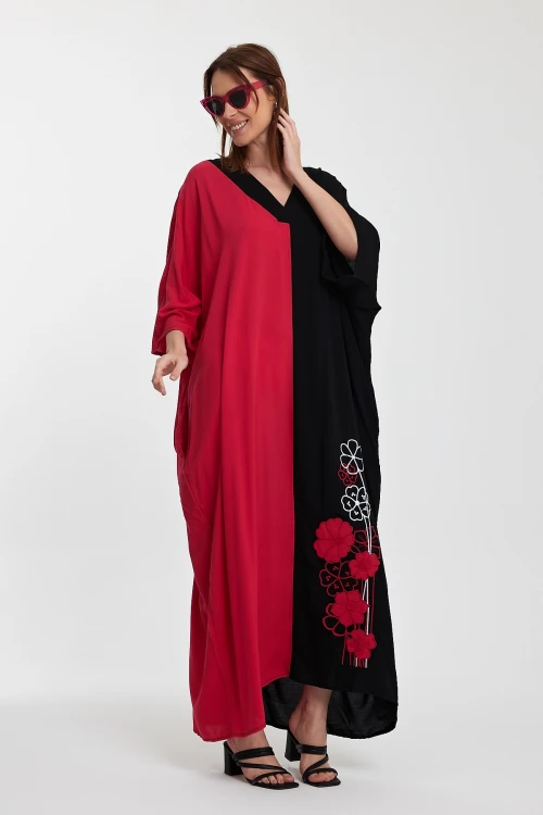 Maxi Boy Fuşya V Yaka Nakış İşlemeli Renk Bloklu Uzun Boy Gömlek Elbise BCVL-24958