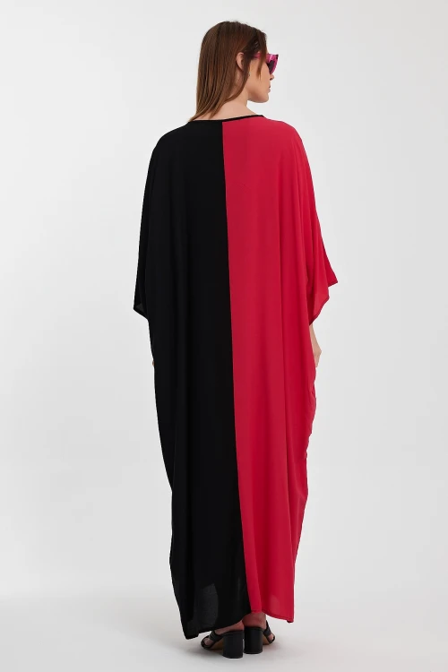 Maxi Boy Fuşya V Yaka Nakış İşlemeli Renk Bloklu Uzun Boy Gömlek Elbise BCVL-24958