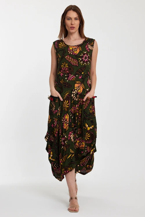 Maxi Boy Haki Bisiklet Yaka Çift Cepli Sıfır Kol Çiçek Desenli Rahat Kalıp Elbise BCVL-242014